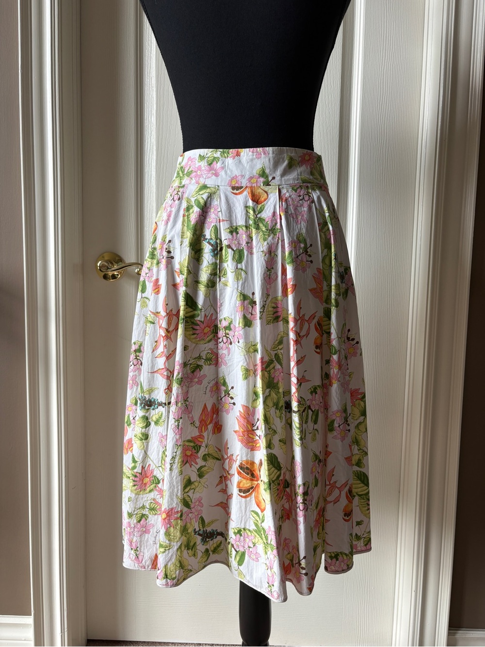 Salvatore Ferragamo White Floral Circle Skirt with Green and Orange Accents
